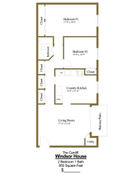 2 bedroom, 1 bathroom floor plan at Windsor House Apartments in Middle River, MD