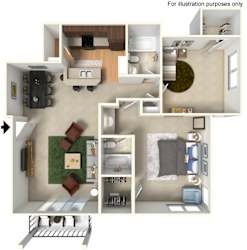 A 3D floor plan of a house showing the layout of the rooms.