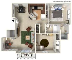 A 3D rendered image of a house layout.