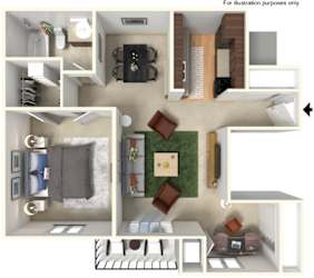 A top-down view of a small apartment layout with a kitchen, living room, and bedroom.