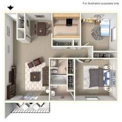 A 3D floor plan of a small apartment with a kitchen, living room, and bathroom.