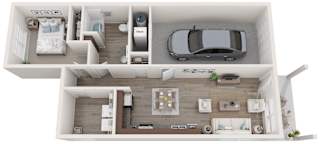 a 3d rendering of a bedroom with a car