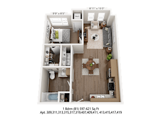 A 1 Bedroom (B1) apartment is 697-621 Sq Ft and has an area of 309,311,313,315,317,