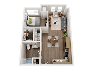 A top-down view of a small apartment layout with a kitchen, living room, and bathroom.