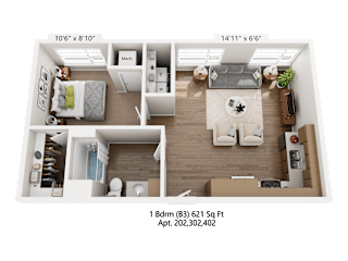 A floor plan of a one bedroom apartment with a living room, kitchen, and bathroom.