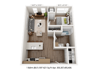 A 1 Bedroom (BU1) apartment is 597-621 Square Feet in size.