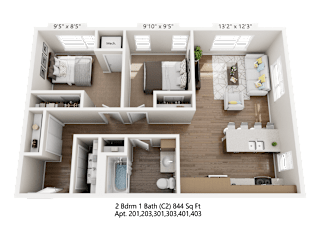 A 2 Bedroom 1 Bathroom apartment is 844 square feet and available for rent.