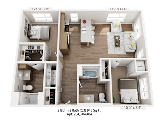 A 2 Bedroom 2 Bathroom apartment is 948 square feet and is apt. 204.