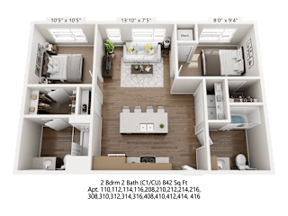 A 3D floor plan of a two-bedroom apartment with dimensions and address information.