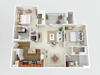 a 3d floor plan of a house with furniture and a living room