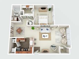 a 3d drawing of a house with a bedroom and living room