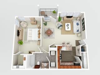 a bedroom floor plan with a bathroom and a living room