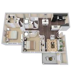 A 3D floor plan of a house with a kitchen, living room, and bedrooms.