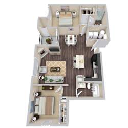 A 3D floor plan of a house showing a living room, kitchen, and bedrooms.