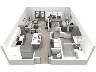 a 3d floor plan of a house with a bedroom and a living room