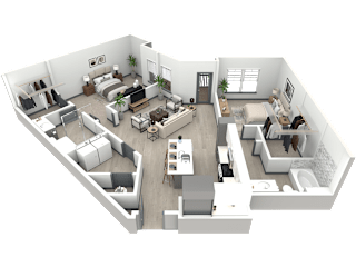 3d floor plan of a living room with a bedroom