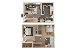 A 3D floor plan of a two-story residential building.