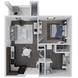 A 3D rendered image of a modern bedroom with a bed, nightstand, and shelves.