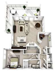 3d floor plan of a 1 bedroom apartment