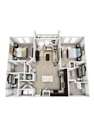 a 3d floor plan of a bedroom with a bathroom and a living room