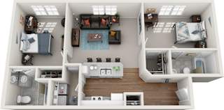 A top-down view of a small apartment with a kitchen, living room, and bedroom.