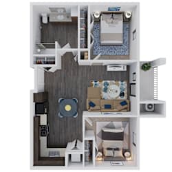A 3D floor plan of a small apartment with a living room, kitchen, and bedroom.