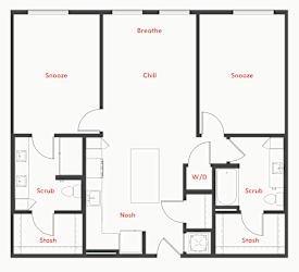 A floor plan of a house with labeled rooms such as "Breathe", "Chill", "Scrub", "Nosh", and "Stash".