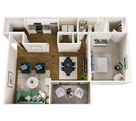 A top down view of a modern apartment with a living room, kitchen, and bathroom.