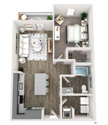 A top-down view of a modern apartment layout with a kitchen, living room, and bedroom.