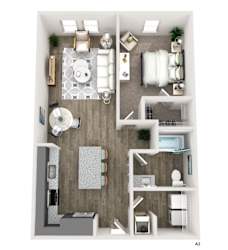 A 3D floor plan of a small apartment with a kitchen, living room, and bathroom.