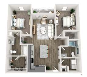 A top-down view of a modern apartment layout with a living room, kitchen, and bedrooms.