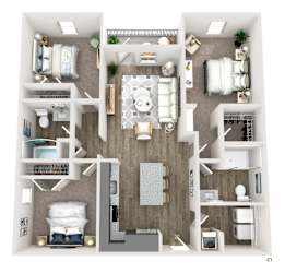 A top-down view of a small apartment with a living room, kitchen, and bedrooms.