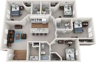 A 3D layout of a house with multiple rooms and furniture.