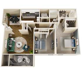 A floor plan of a house with a living room, kitchen, and bathrooms.