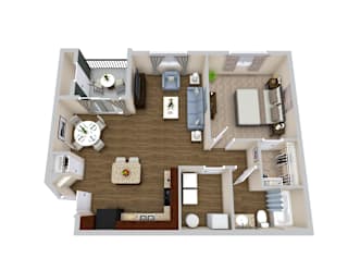 A top-down view of a well-furnished apartment.