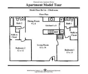 A floor plan of an apartment model tour for a 2 bedroom apartment.