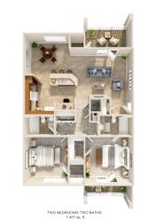 A 3D floor plan of a house with two bedrooms and two bathrooms.