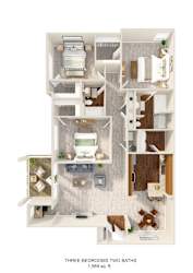 A 3D floor plan of a 1,569 sq ft apartment with three bedrooms and two bathrooms.