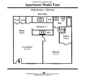 A floor plan of an apartment model tour for a 1 bedroom apartment.