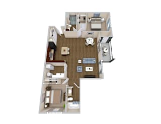 A top down view of a house with a living room, dining room, kitchen, and two bedrooms.
