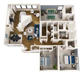 A series of four images showing the layout of a small apartment.