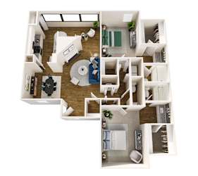 A top-down view of a small apartment with a kitchen, living room, and bedroom.