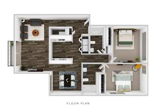 A floor plan of a small apartment with a kitchen, living room, and two bedrooms.