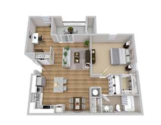 A 3D floor plan of a house with a living room, kitchen, dining room, and bedrooms.