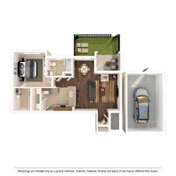 A floor plan of a house with a garage and a car.