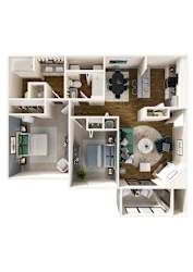 A 3D floor plan of a small apartment with a kitchen, living room, and bathroom.