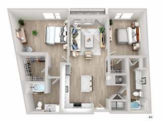 A top-down view of a well-organized apartment with a living room, kitchen, and bedrooms.