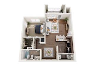 A dollhouse floor plan with rooms including a kitchen, living room, and bathroom.