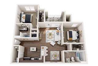 A top-down view of a small apartment layout with a kitchen, living room, and bathroom.