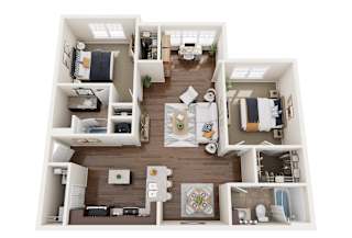 A top-down view of a small apartment layout with a kitchen, living room, and bathroom.